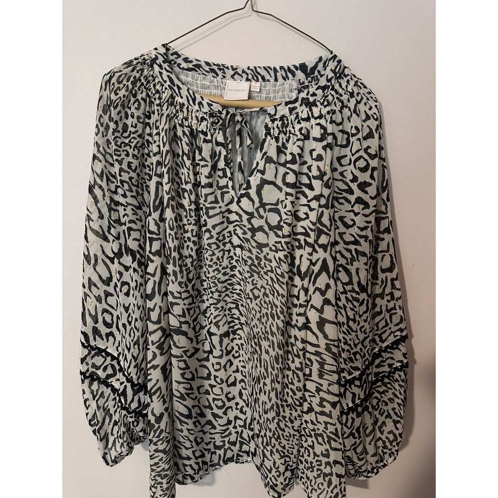 Zac And Rachel Black/white Animal Print Blouse Size 3X Gold Detailing Tie Neck